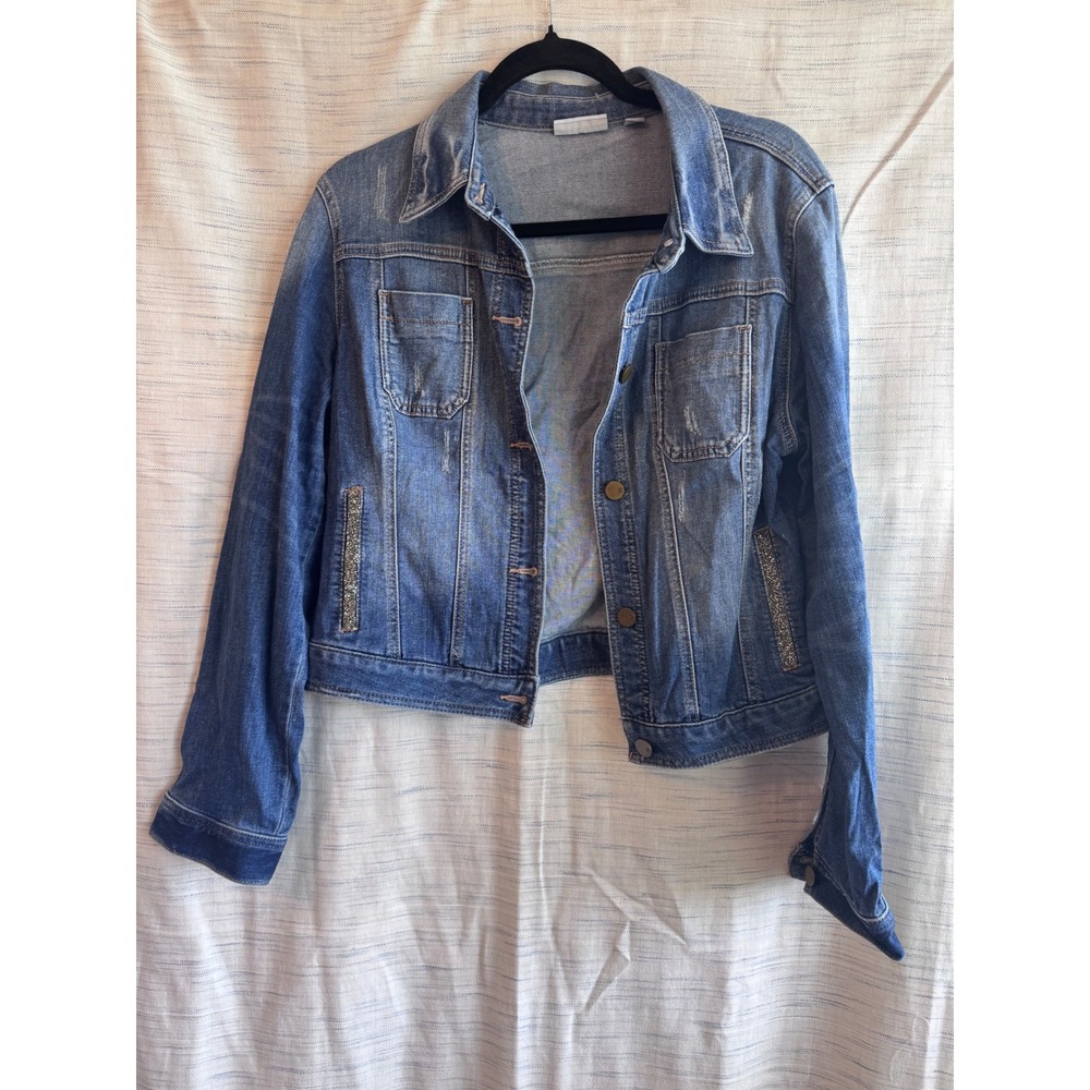 New York & Company Denim Jacket Medium Wash Rhinestone Distressed Trucker M